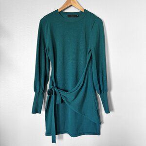 Emerald Green Tie Waist Crewneck Sweater Dress Womens Medium Cozy Holiday Party